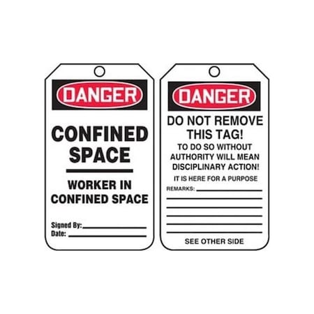 Accuform Safety Tags, DANGER CONFINED SPACE WORKER IN CONFINED SPACE, 5.75in x 3.25in, RP-Plastic, 5PK TCS332PTM